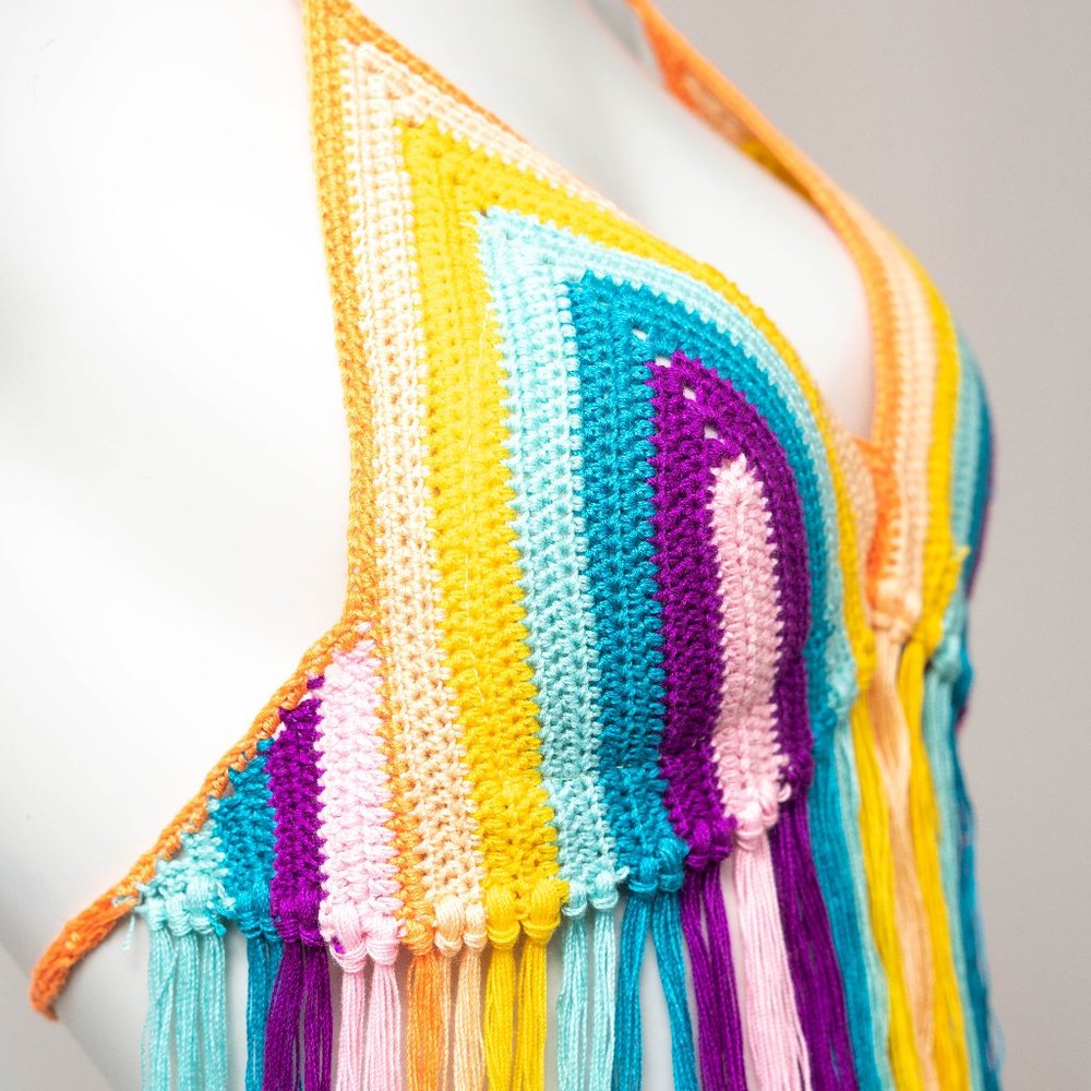 Women's Handmade Rainbow Hand Knitted Crochet Pattern Festival One Size Bra